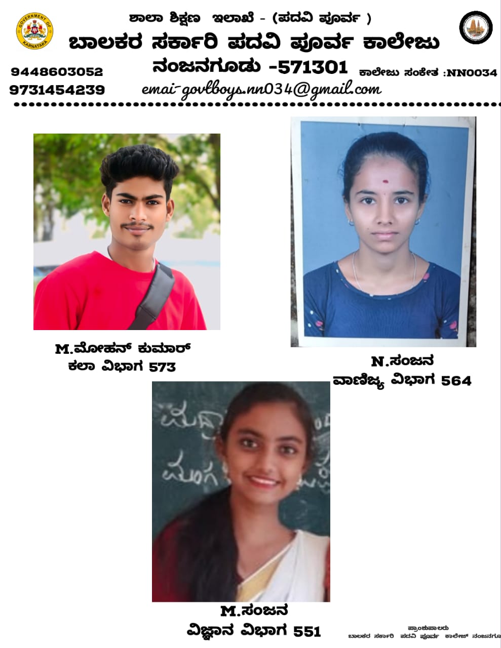 ಮೋಹನ್ ಕುಮಾರ್ ಎಮ್ . 573 ಅಂಕಗಳನ್ನು ಪಡೆದು ಕಾಲೇಜಿಗೆ ಪ್ರಥಮ ಸ್ಥಾನ -ಬಾಲಕರ ಸರ್ಕಾರಿ ಪದವಿಪೂರ್ವ ಕಾಲೇಜು ನಂಜನಗೂಡು .