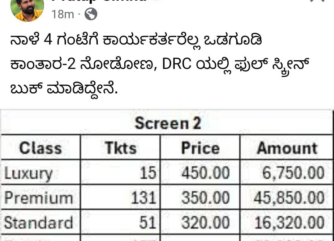 ಬಿಜೆಪಿ ಕಾರ್ಯಕರ್ತರಿಗೆ ಕಾಂತಾರಾ ಮೂವಿ ವೀಕ್ಷಿಸಲು ಆಫರ್…ಮಾಜಿ ಸಂಸದ ಪ್ರತಾಪ್ ಸಿಂಹ ಆಹ್ವಾನ…ಡಿಆರ್ ಸಿಯಲ್ಲಿ ಬುಕ್ ಮಾಡಿ ಇನ್ವೈಟ್…