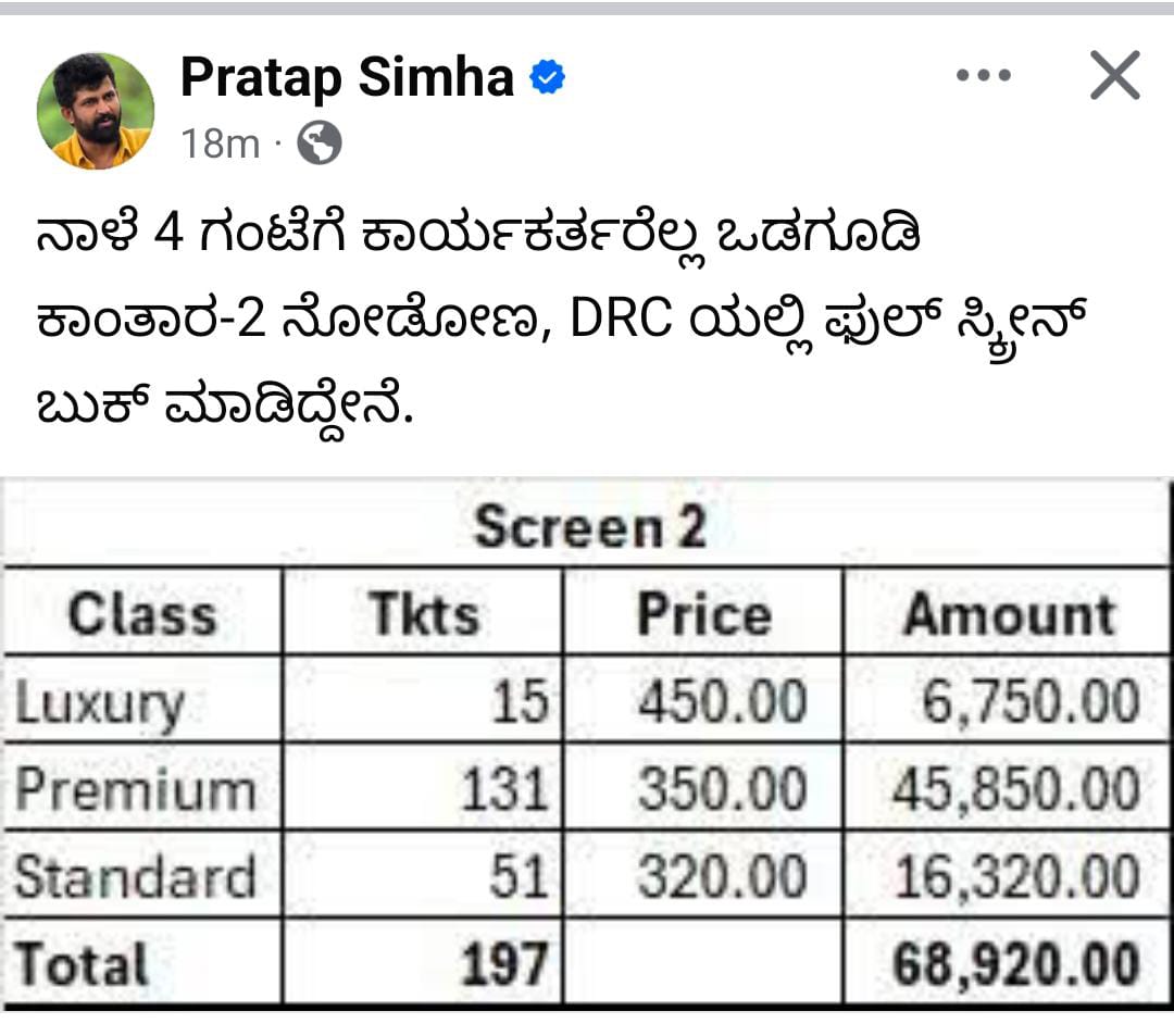 ಬಿಜೆಪಿ ಕಾರ್ಯಕರ್ತರಿಗೆ ಕಾಂತಾರಾ ಮೂವಿ ವೀಕ್ಷಿಸಲು ಆಫರ್…ಮಾಜಿ ಸಂಸದ ಪ್ರತಾಪ್ ಸಿಂಹ ಆಹ್ವಾನ…ಡಿಆರ್ ಸಿಯಲ್ಲಿ ಬುಕ್ ಮಾಡಿ ಇನ್ವೈಟ್…