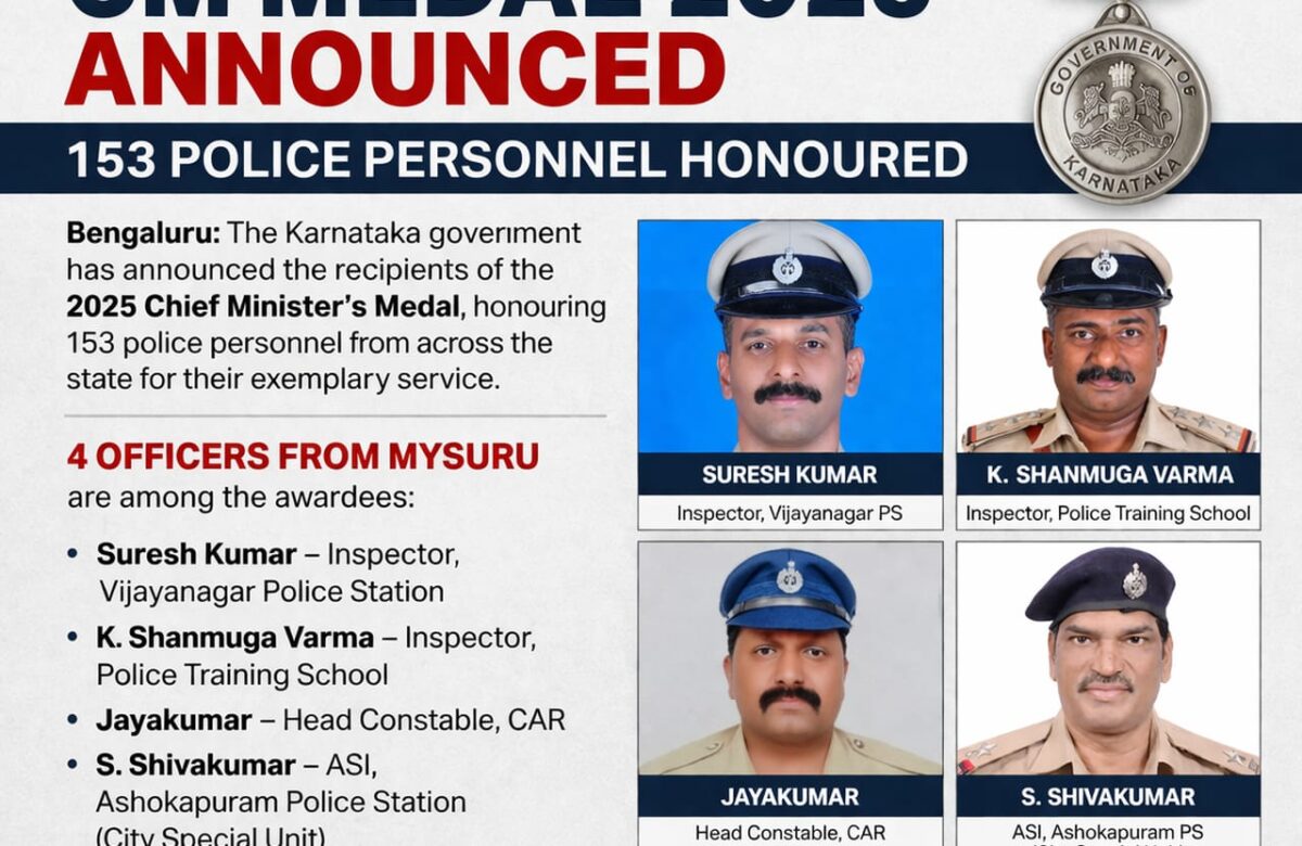 2025ನೇ ಸಾಲಿನ ಮುಖ್ಯಮಂತ್ರಿ ಪದಕ ಪ್ರಕಟ: ರಾಜ್ಯದ 153 ಪೊಲೀಸರಿಗೆ ಗೌರವ